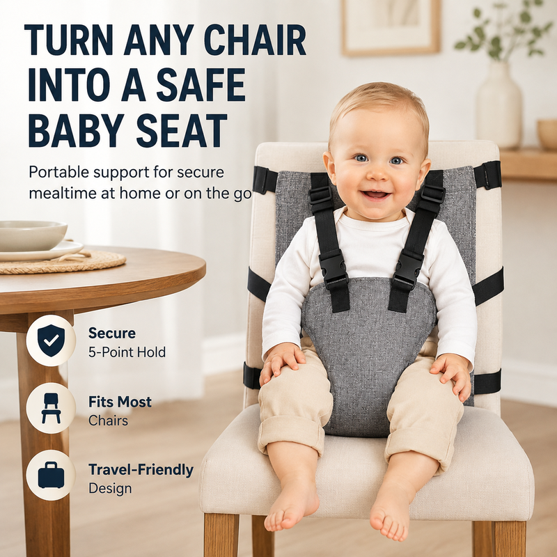 Baby sitting in a chair with portable five-point chair harness