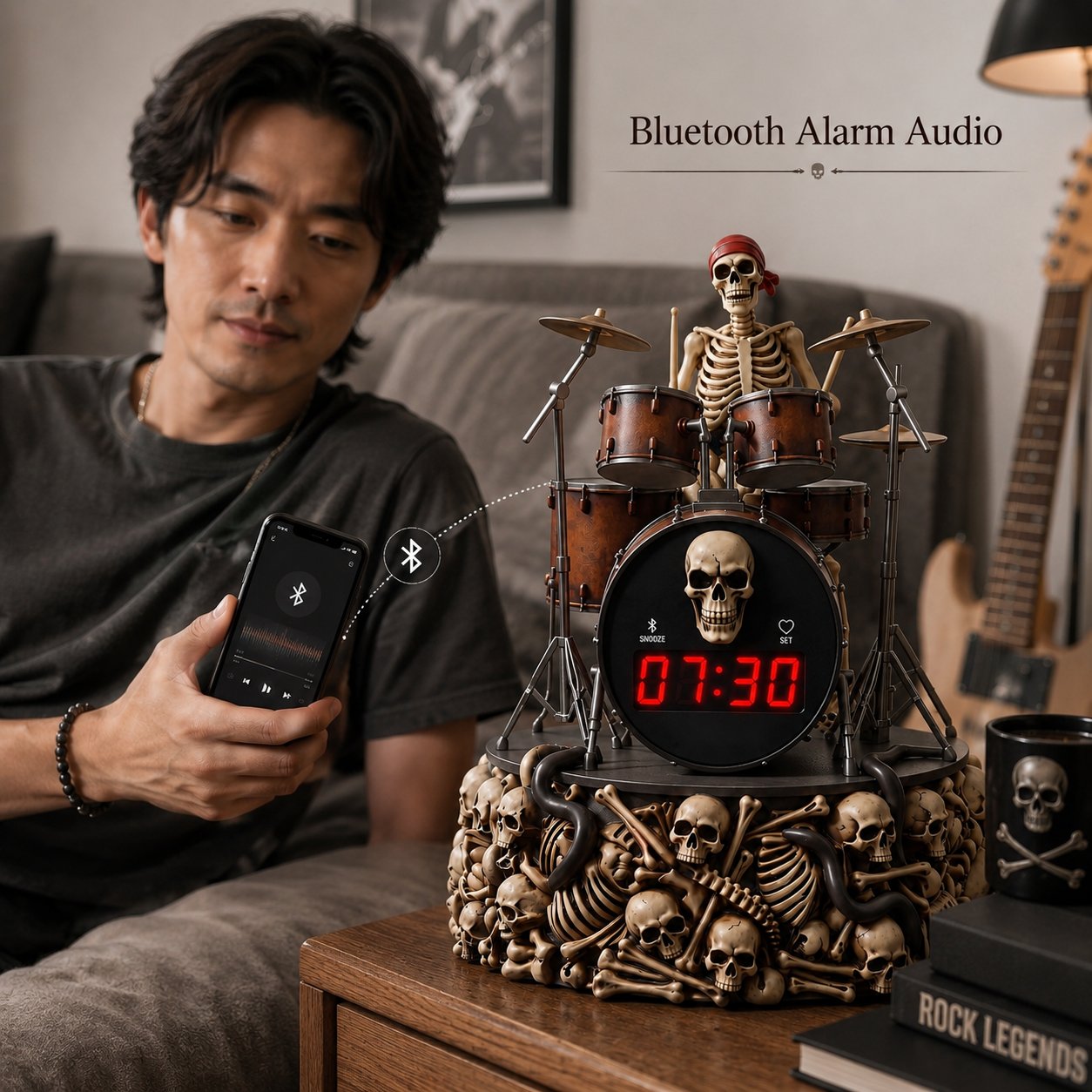 Bluetooth audio connection with gothic skeleton drummer alarm clock