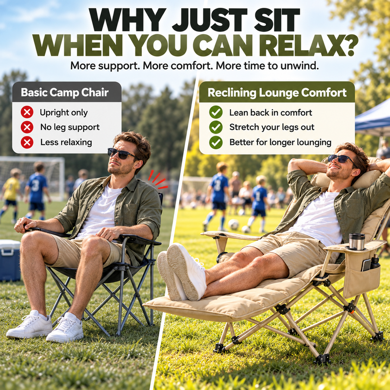 Relaxing in a padded reclining camping chair outdoors