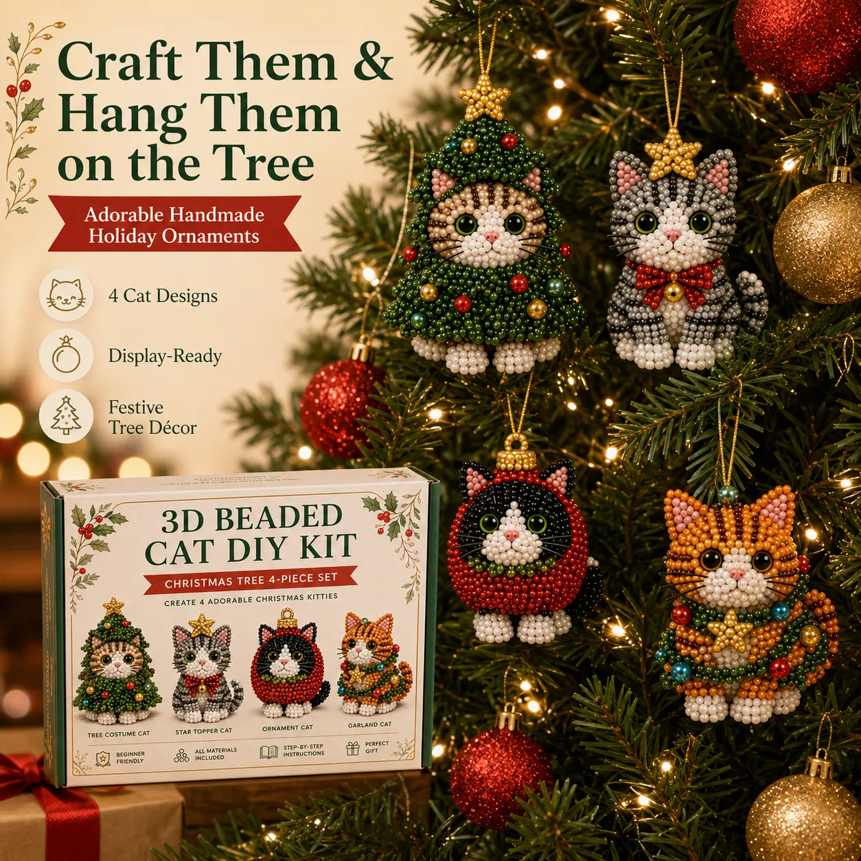 Beaded cat ornaments hanging on Christmas tree branch