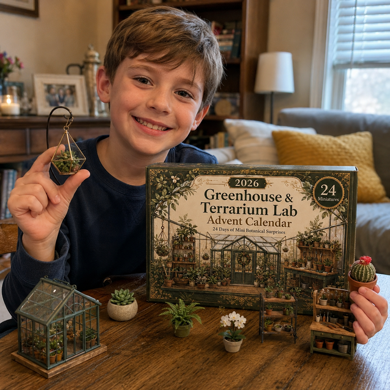 Boy showing miniature terrarium from Greenhouse Advent Calendar
