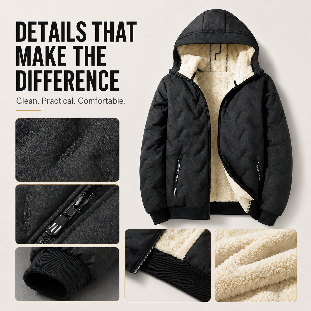 Men's hooded winter jacket full view and features