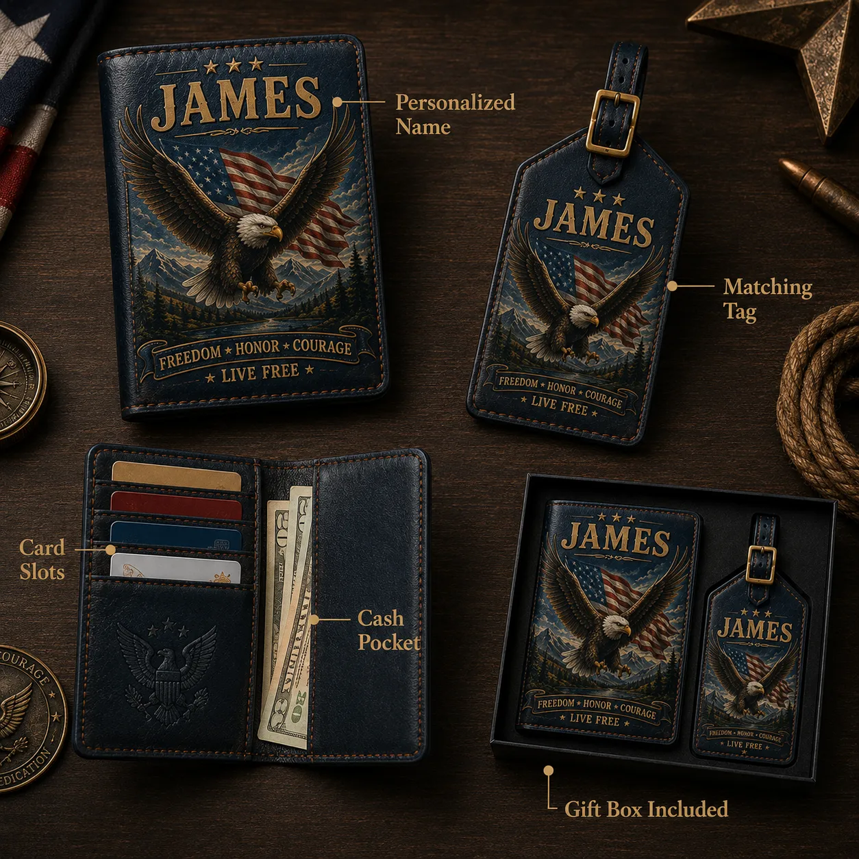 Open wallet layout showing card slots and full-length cash compartment