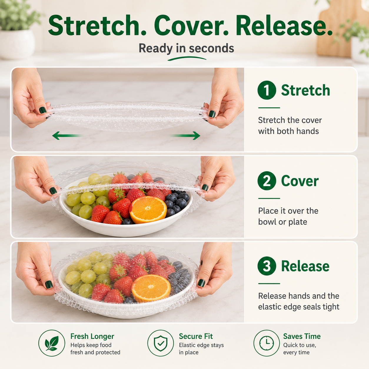 Multiple covered bowls stacked neatly inside refrigerator shelf
