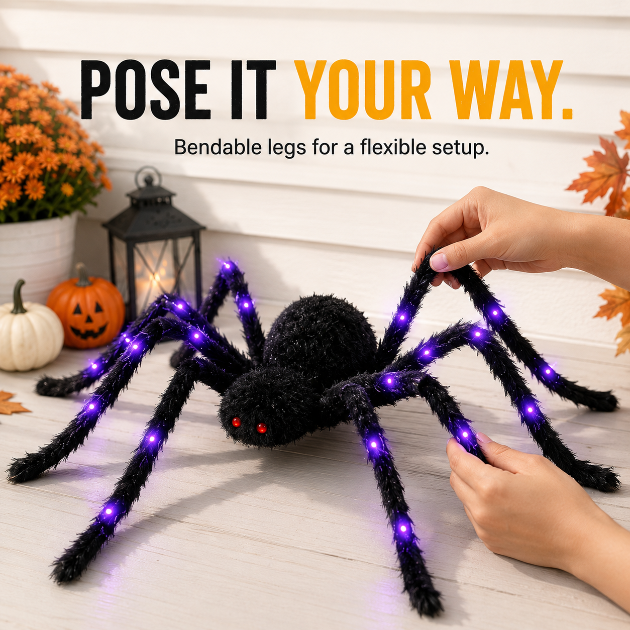 Oversized Halloween glowing spider prop with purple LED legs overview