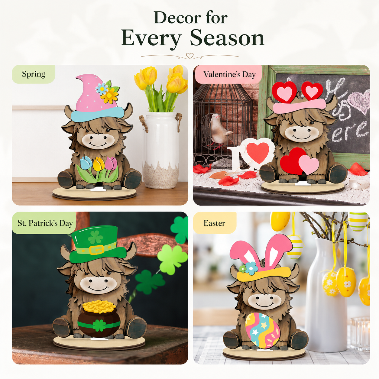 Highland cow seasonal decor for spring valentines day st patricks day and easter