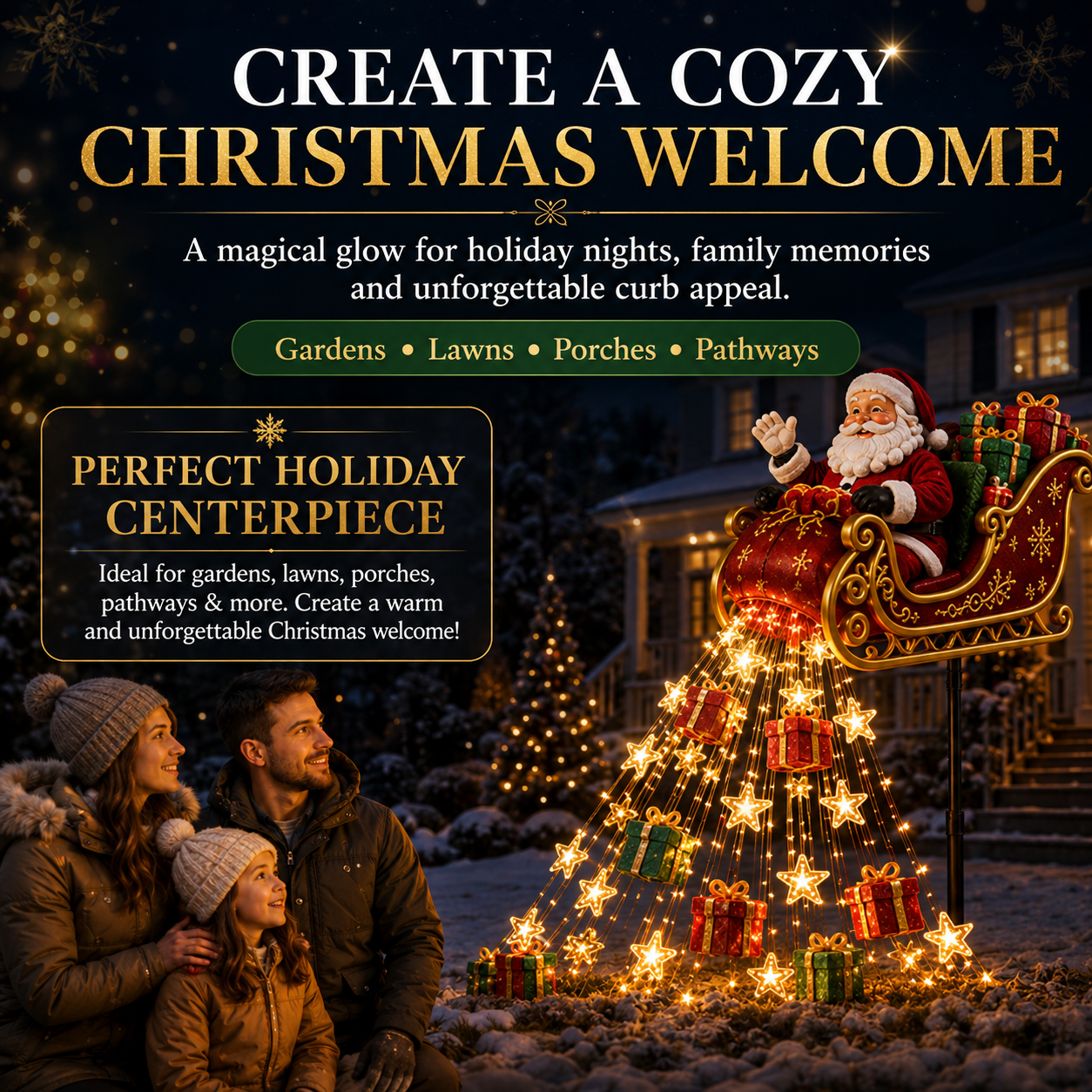 Family Enjoying Santa Christmas Garden Decoration