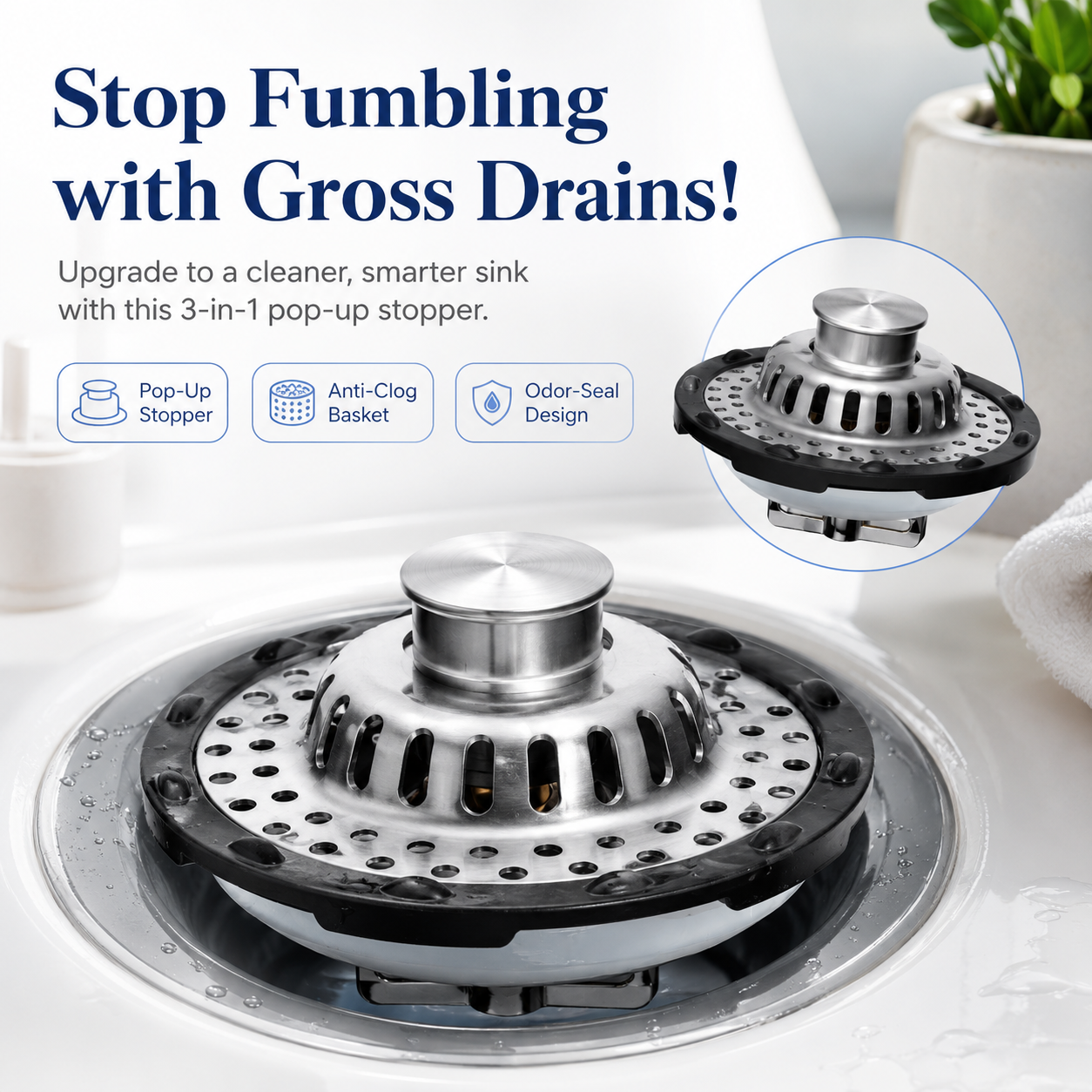 3 in 1 pop up sink stopper