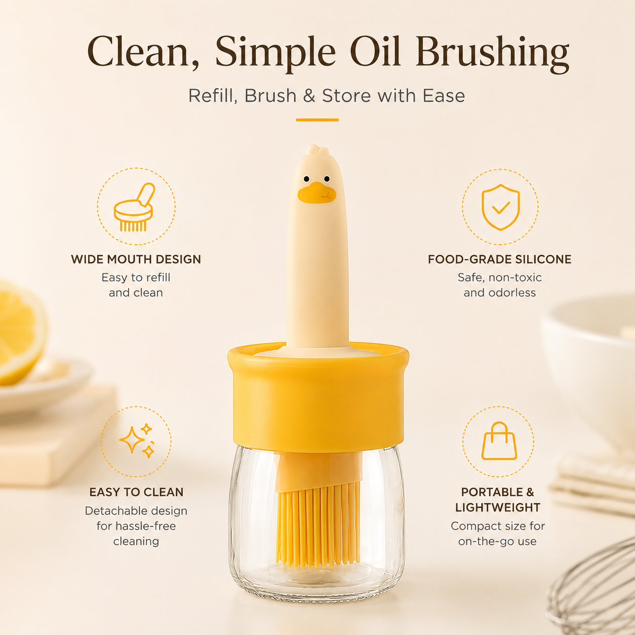 Pouring oil into wide mouth glass dispenser bottle close up