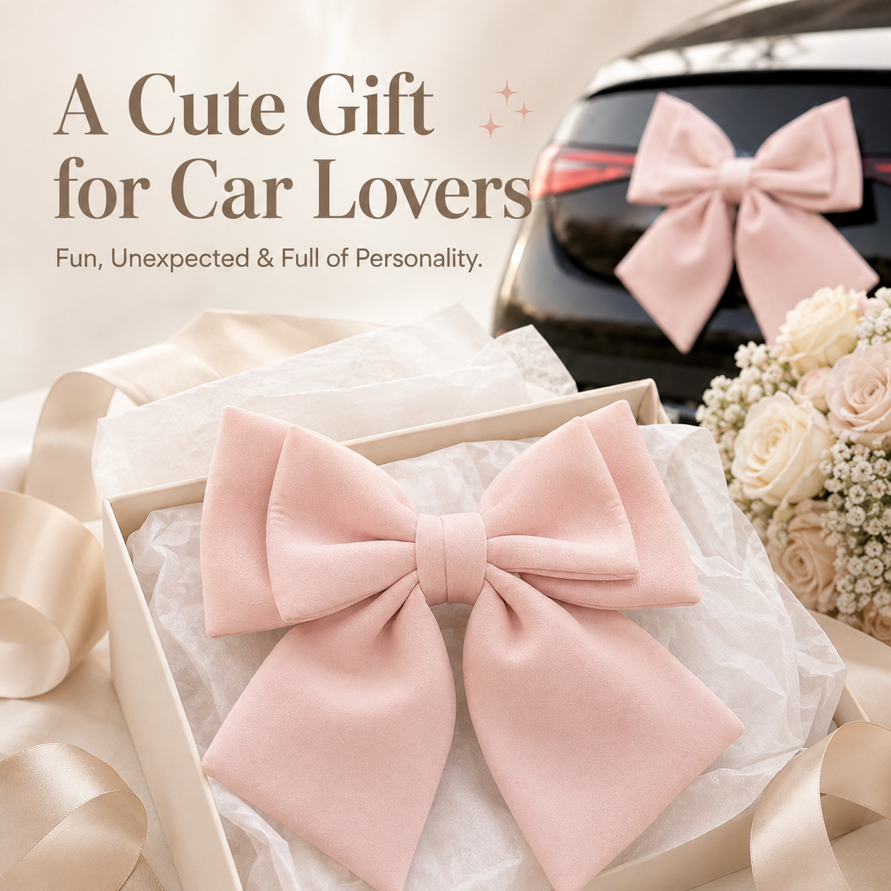 Oversized pink 3D bow mounted on car exterior rear overview