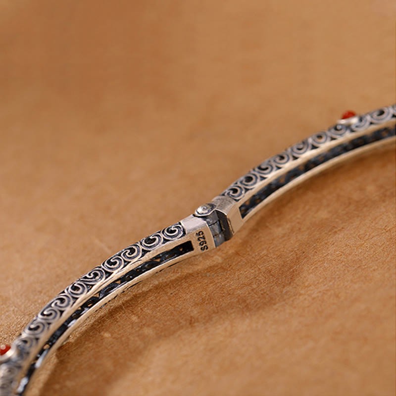 Vintage Tang Dynasty Flower Design Engraved Red Agate Copper Luck Bracelet Bangle