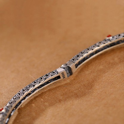 Vintage Tang Dynasty Flower Design Engraved Red Agate Copper Luck Bracelet Bangle