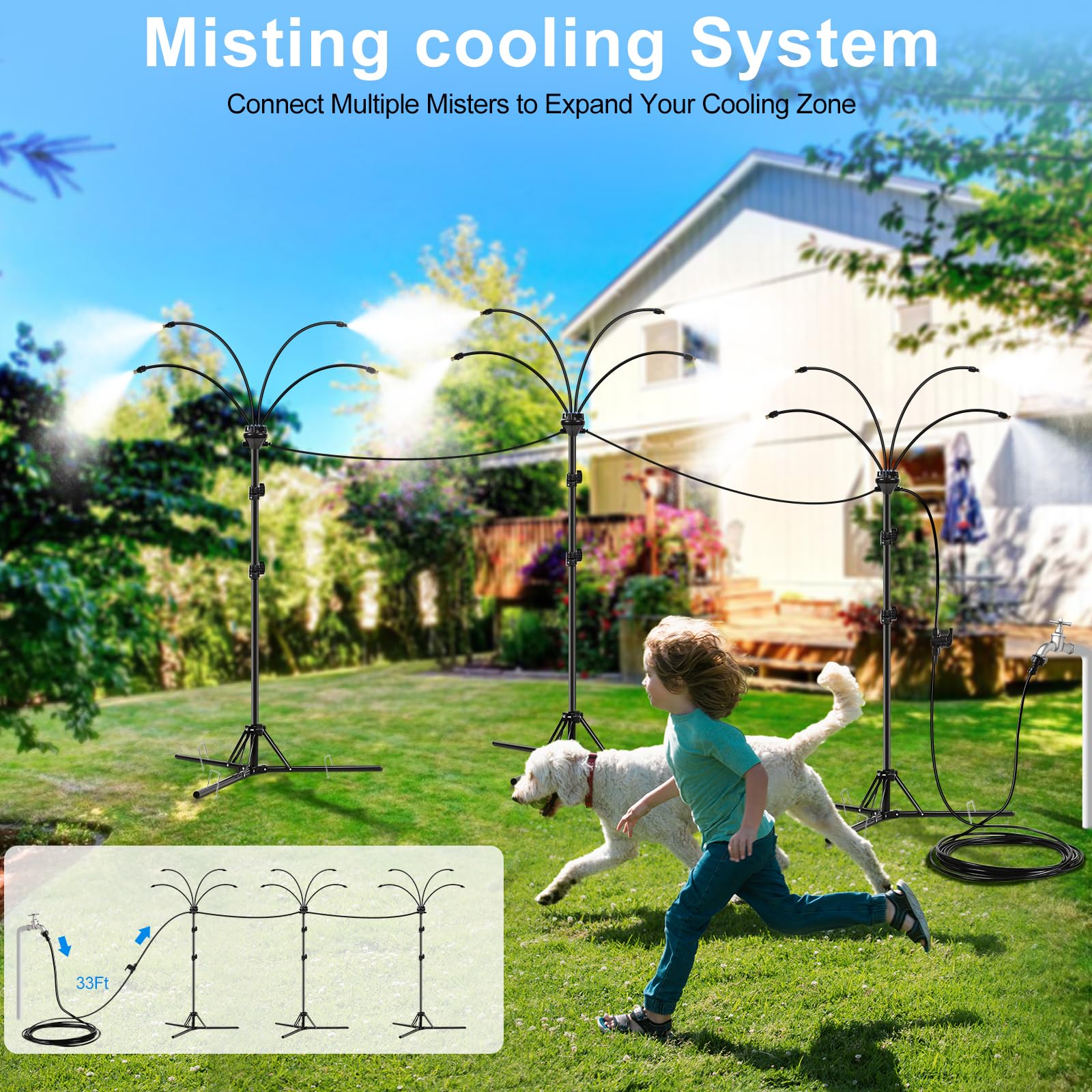 Portable misting stand base and hose connection