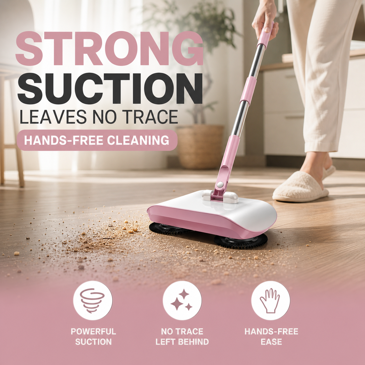 Manual push sweeper mop rolling brush collects crumbs hair and small dry debris