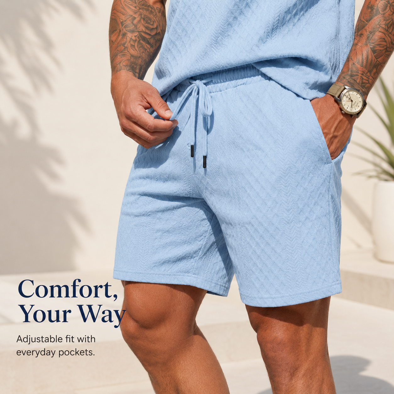 Shorts waist drawstring and side pocket construction details