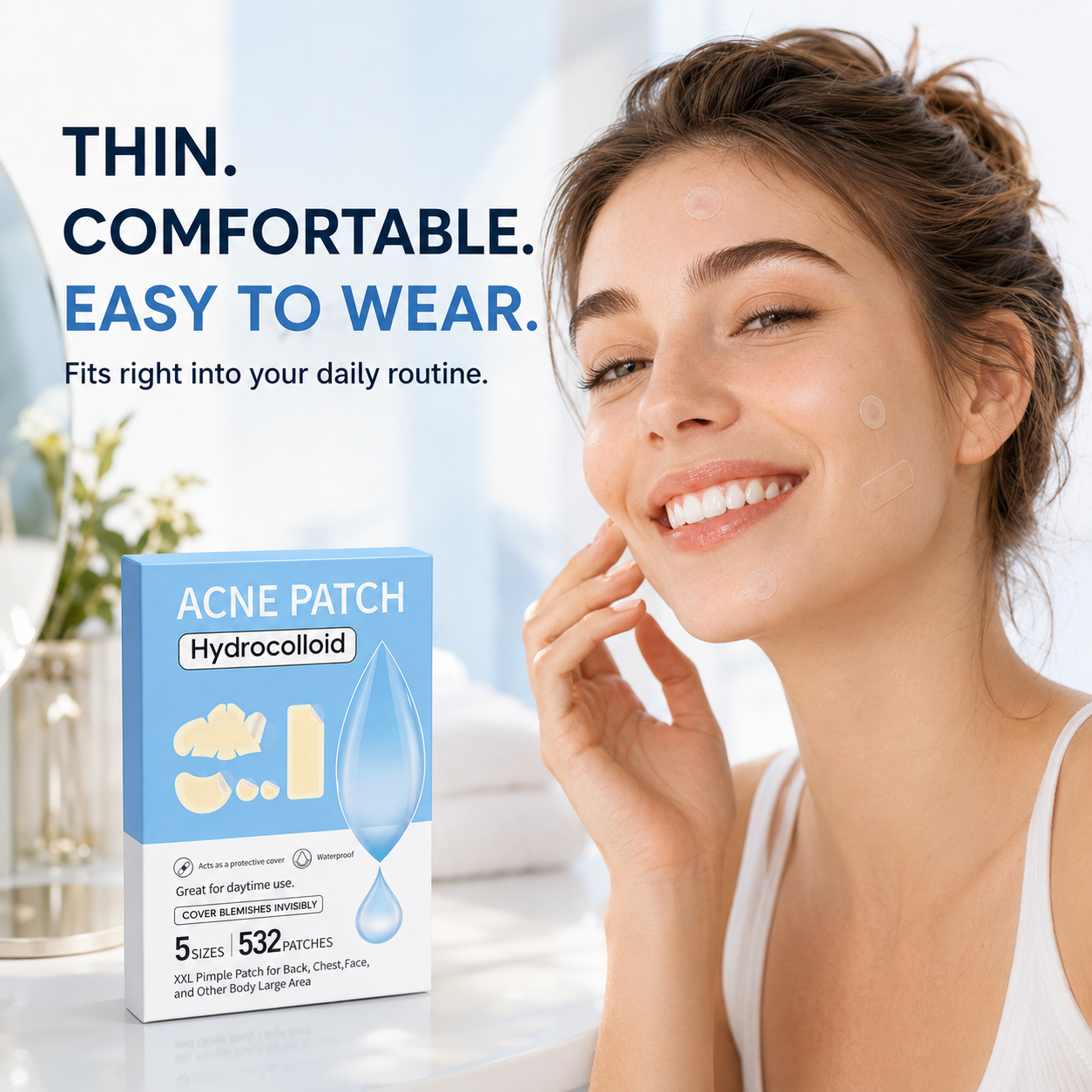Invisible hydrocolloid patch blending seamlessly onto facial skin