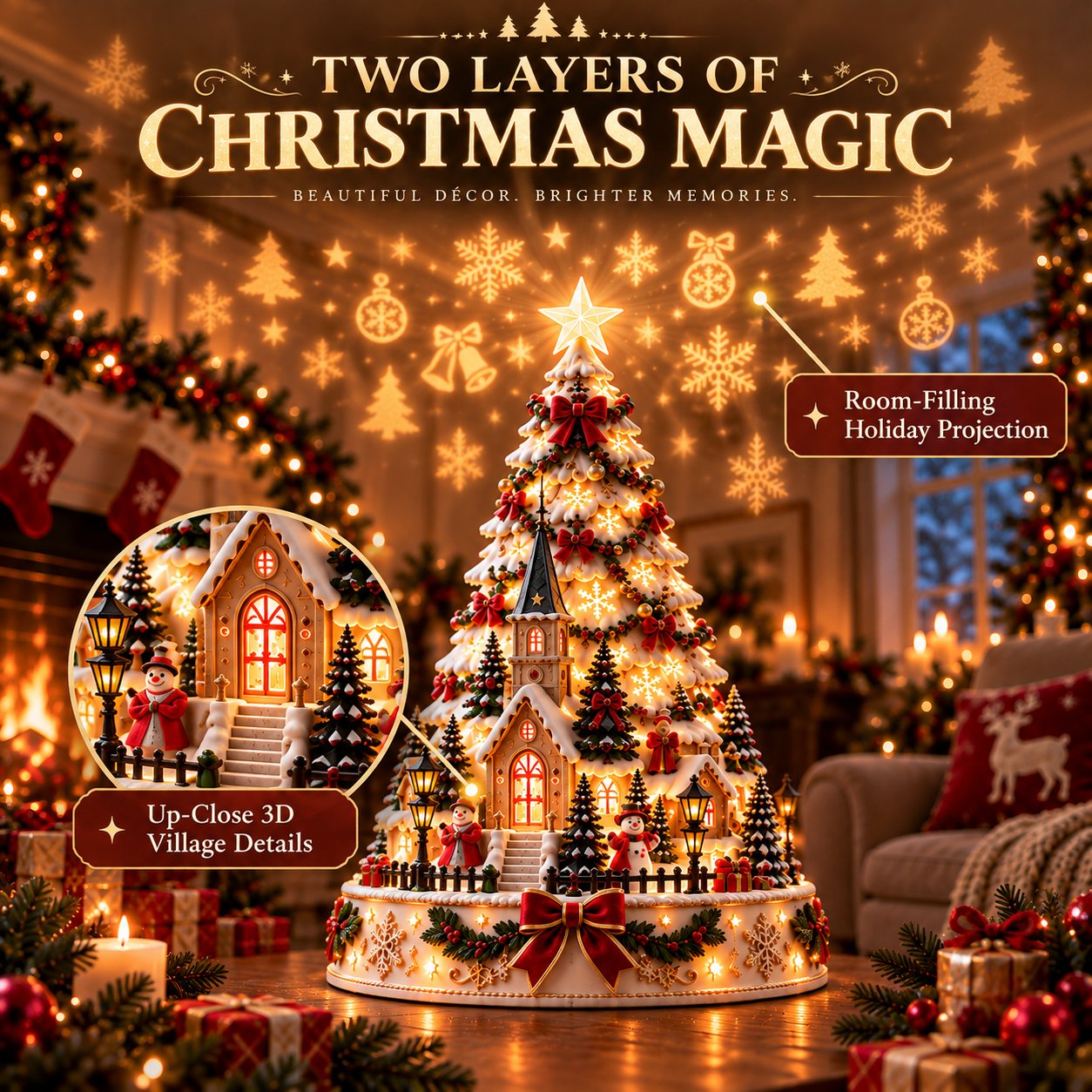 Two layers of Christmas magic with village and room projection