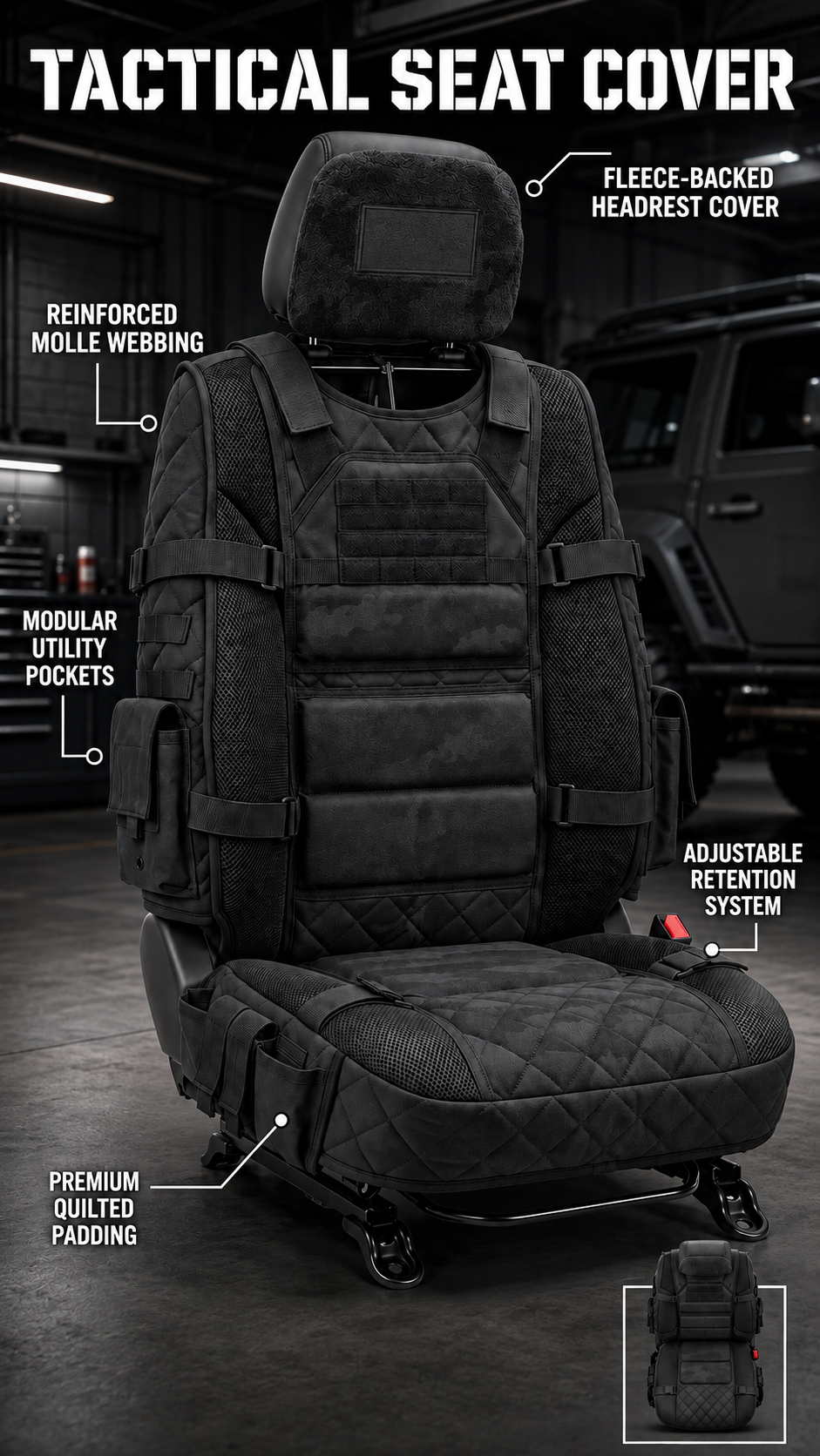 Black MOLLE vehicle seat cover with storage pockets