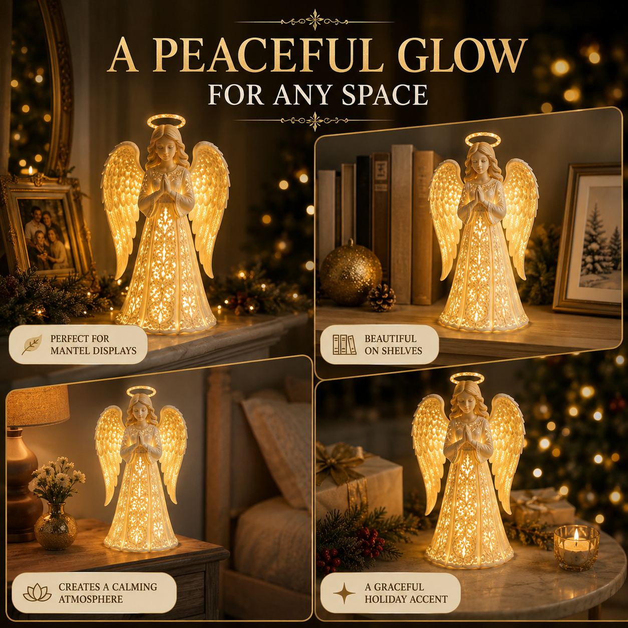 Illuminated angel guardian light bringing festive warmth to cozy room