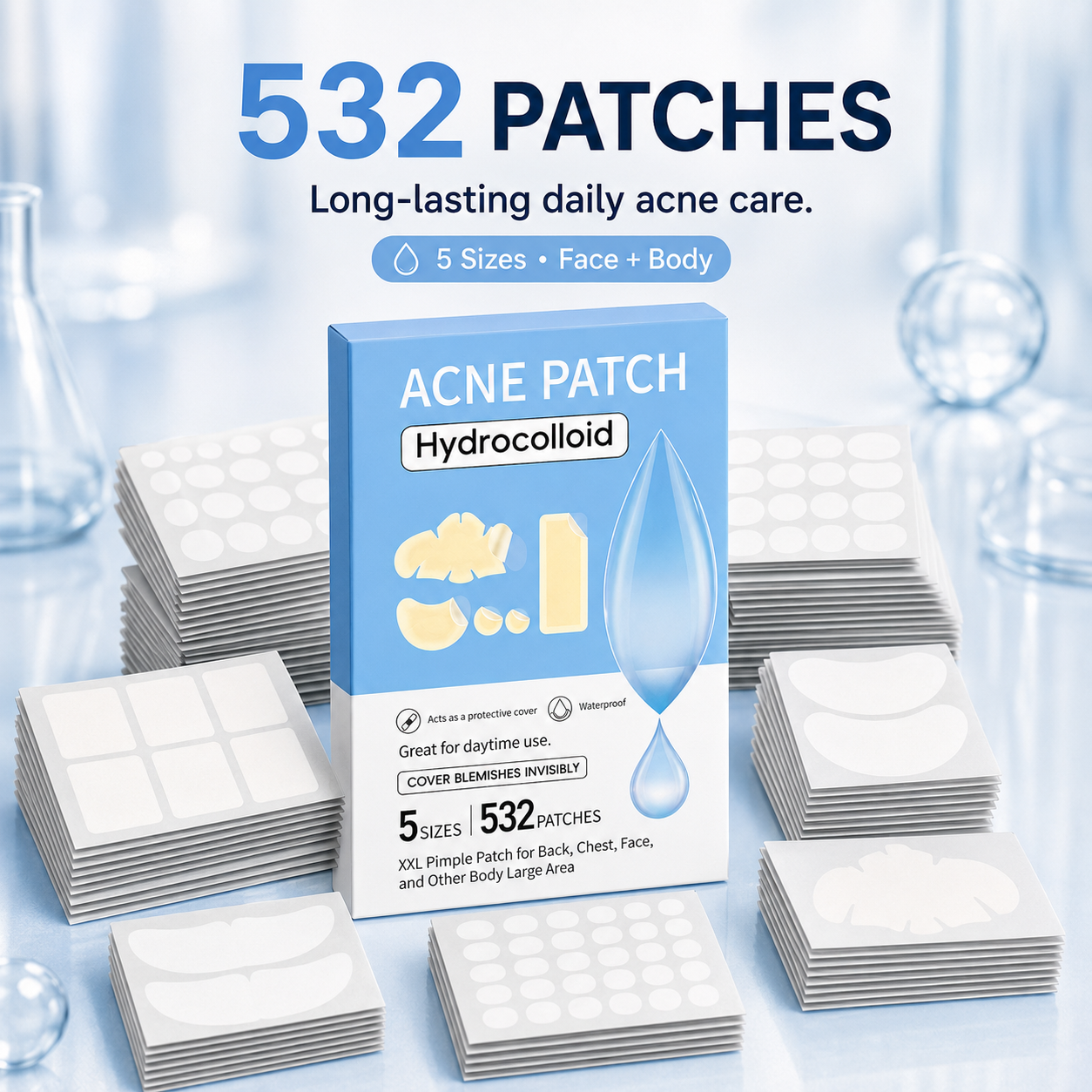 Multi-shape patches applied to forehead, nose contour and chin