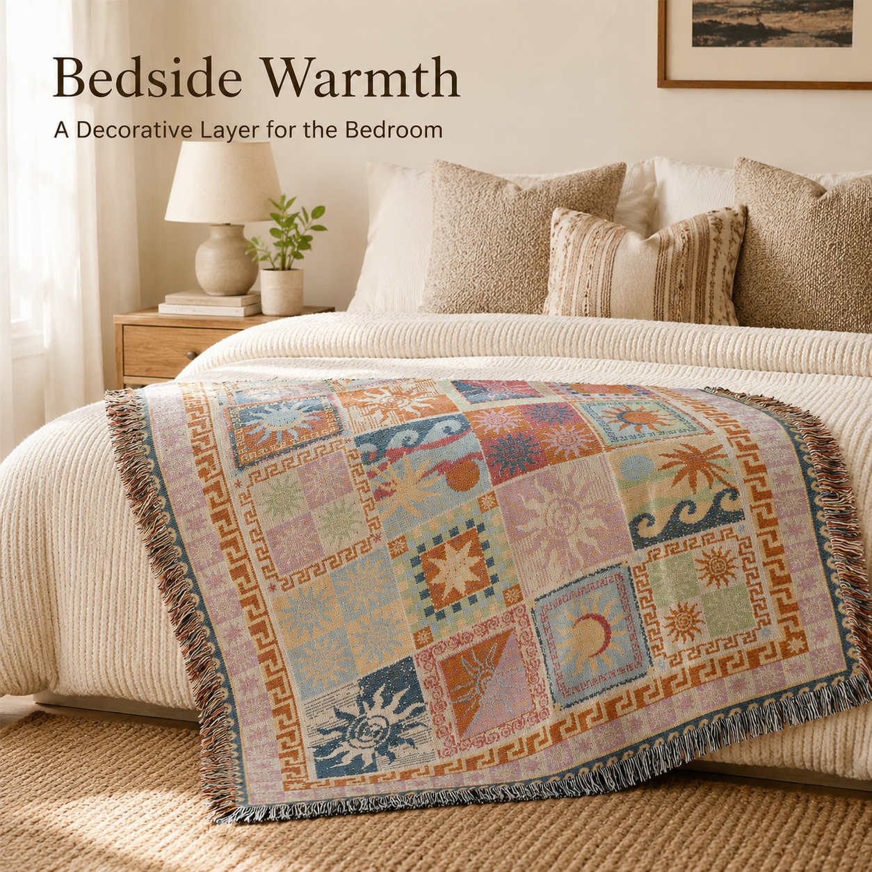 Full pattern spread of sun moon celestial throw blanket