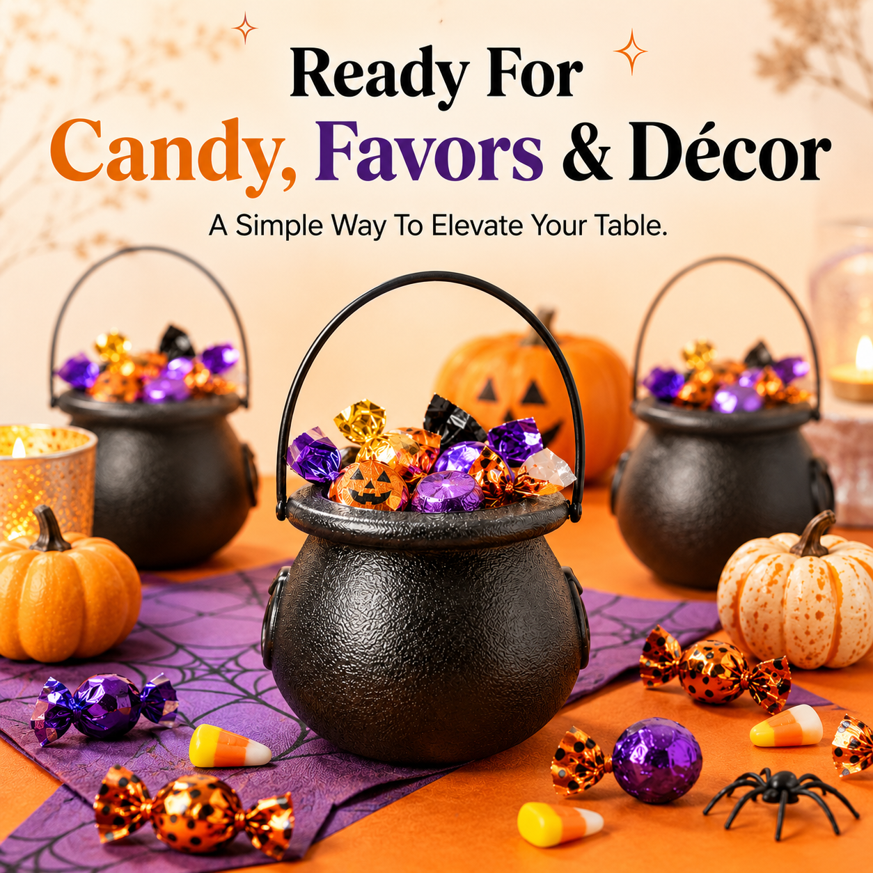 Kids holding mini cauldrons filled with candy for Halloween party