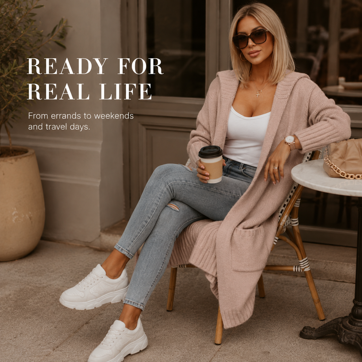 Model wearing oversized knit cardigan in various poses