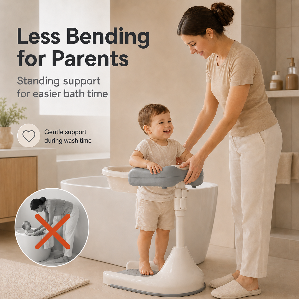 Parent showering toddler comfortably with standing support