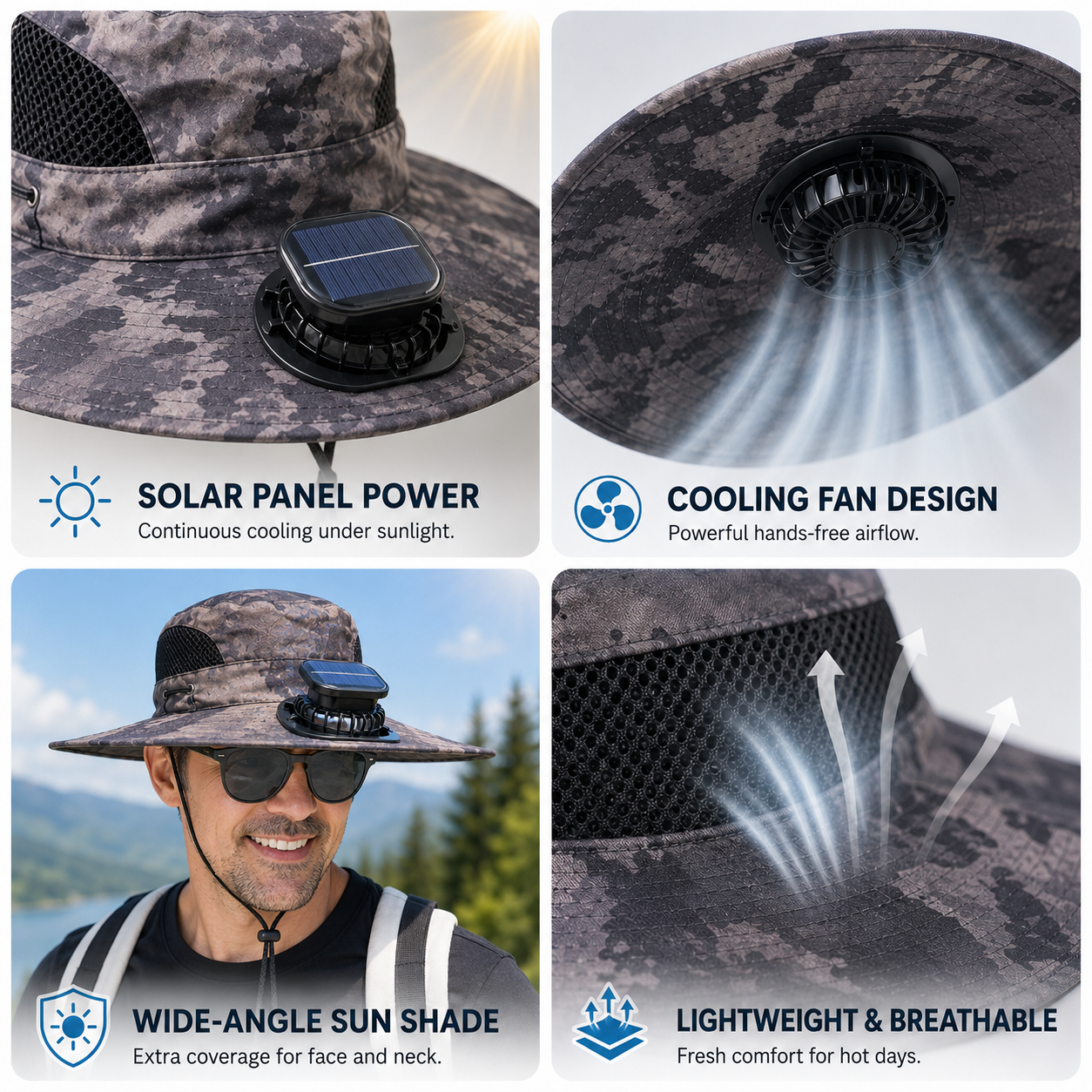 Foldable travel ready solar cooling hat