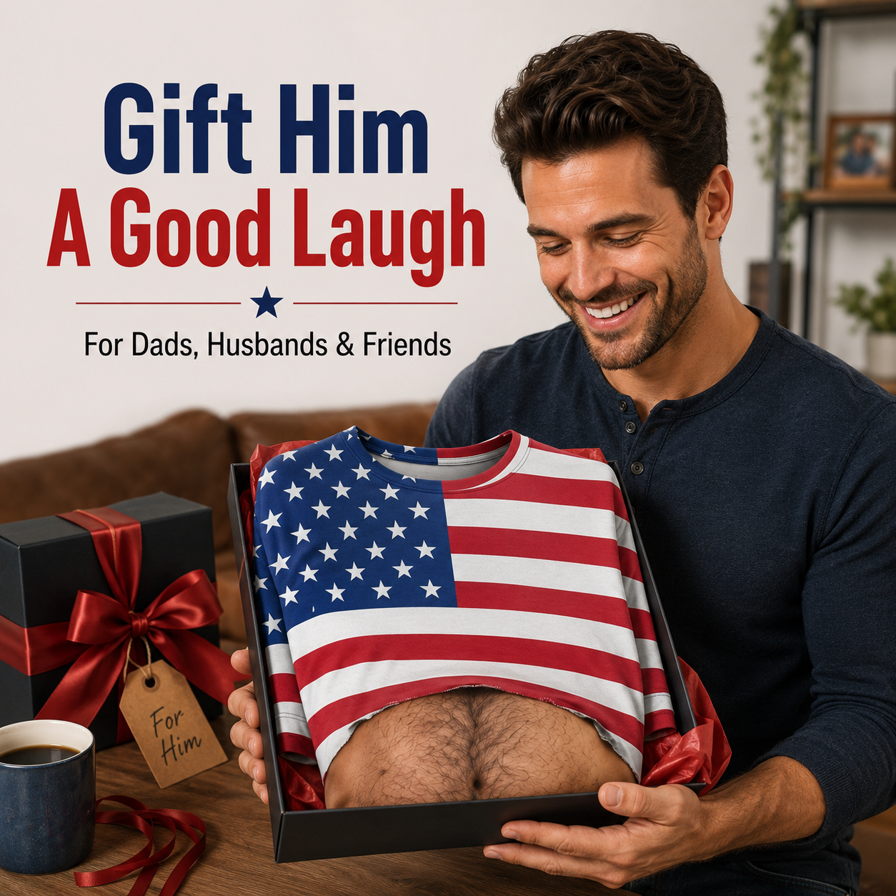 Full body shot of model wearing patriotic body hair novelty shirt