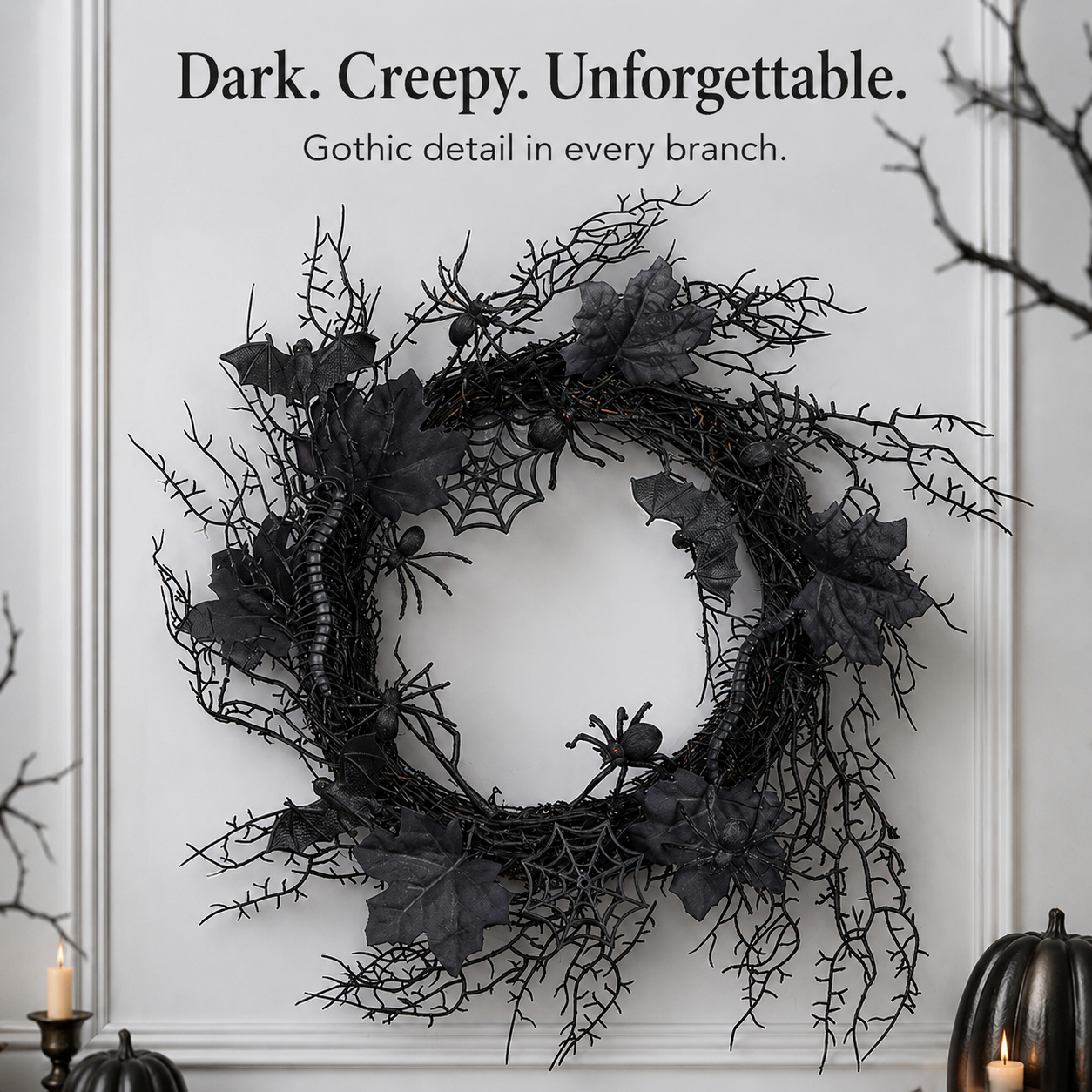 Halloween wreath styled on indoor fireplace mantel display