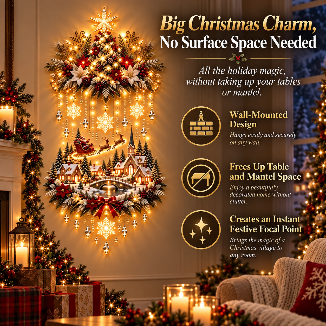 Christmas wall decor with warm cascading lights