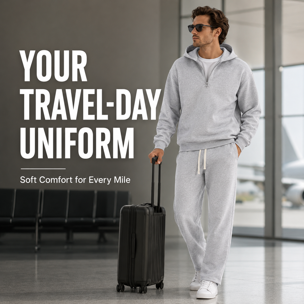 Heather gray half-zip knit hoodie and open hem straight leg pants set overview