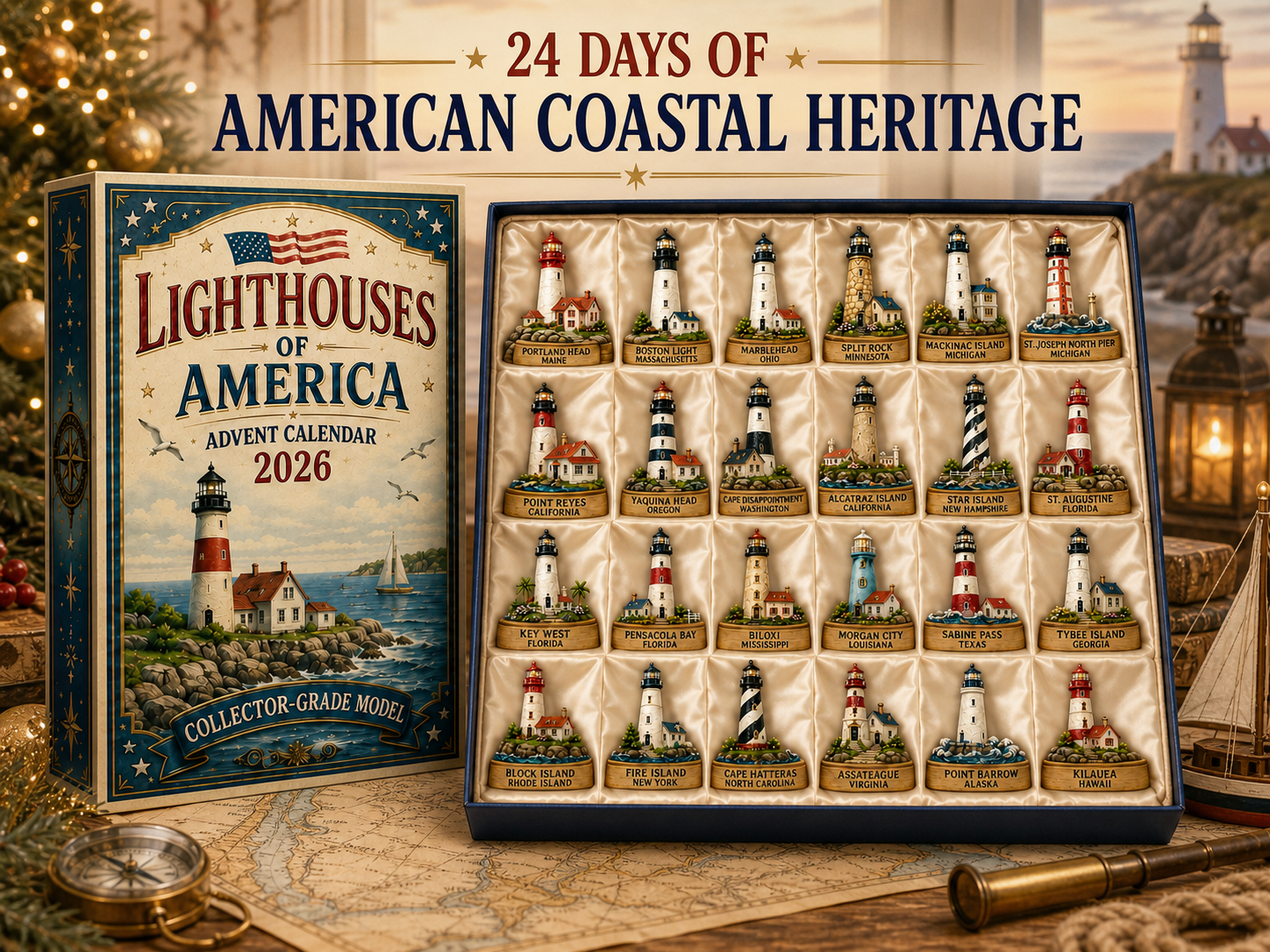 American lighthouse advent calendar displayed in a coastal holiday setting