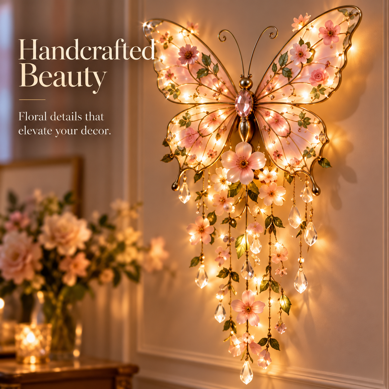 Handcrafted floral butterfly wall light details