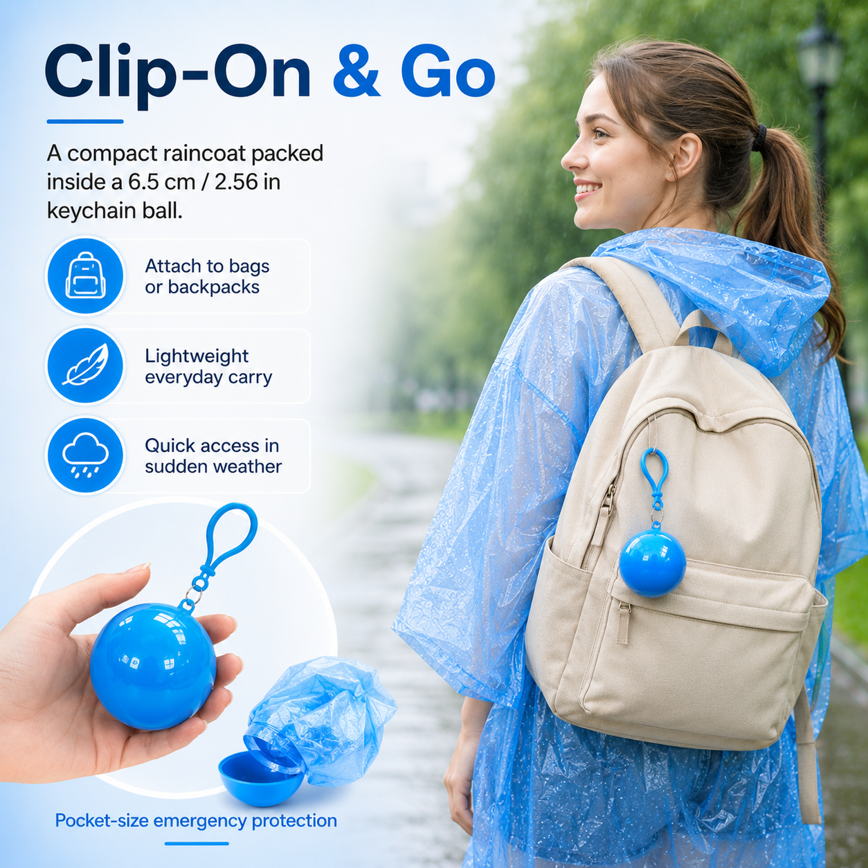 Compact rain poncho storage ball with clip