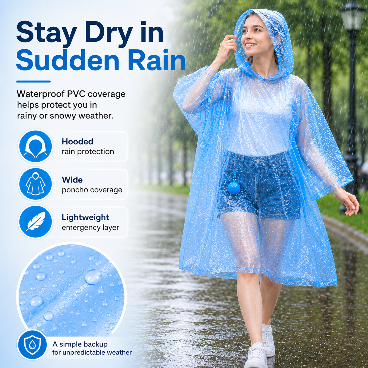 Person wearing portable waterproof rain poncho