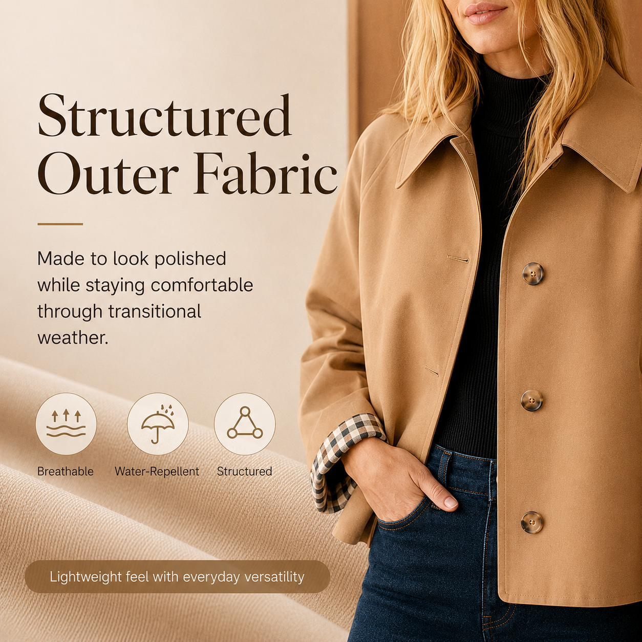 Water-repellent structured outer fabric close up