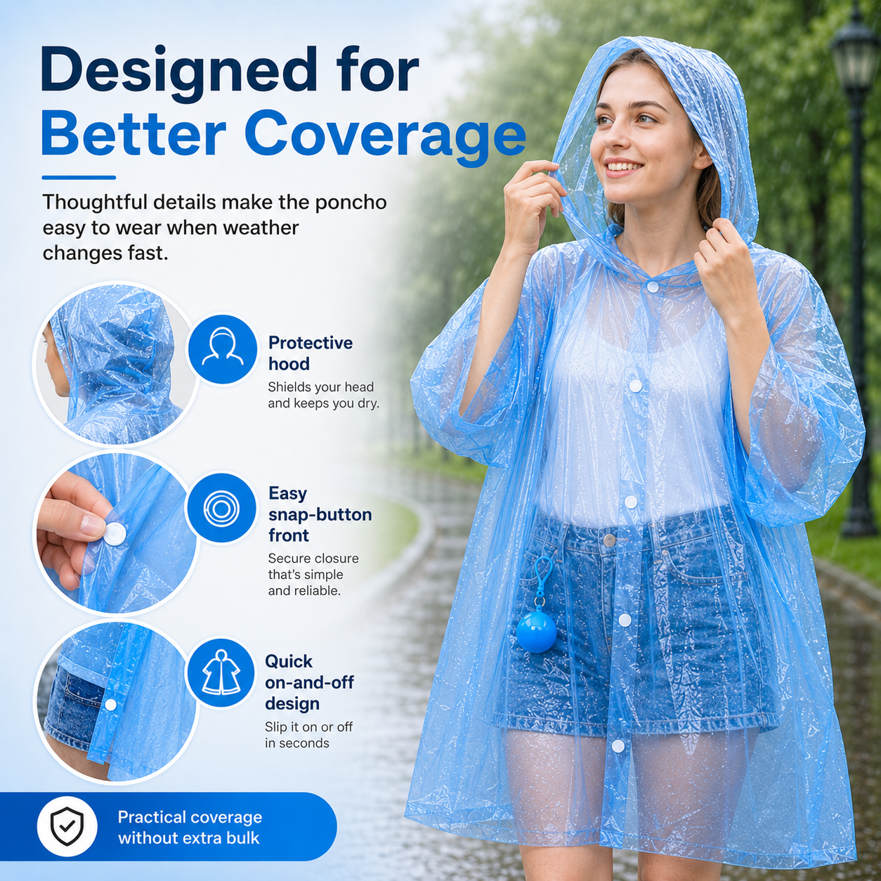 Rain poncho hood and snap button details