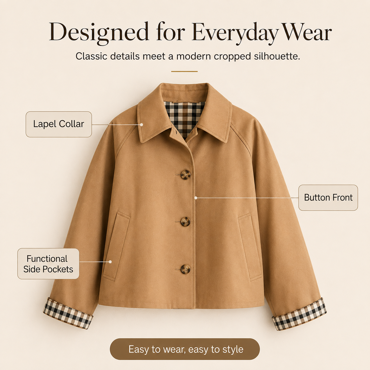 Lapel collar and button front trench jacket