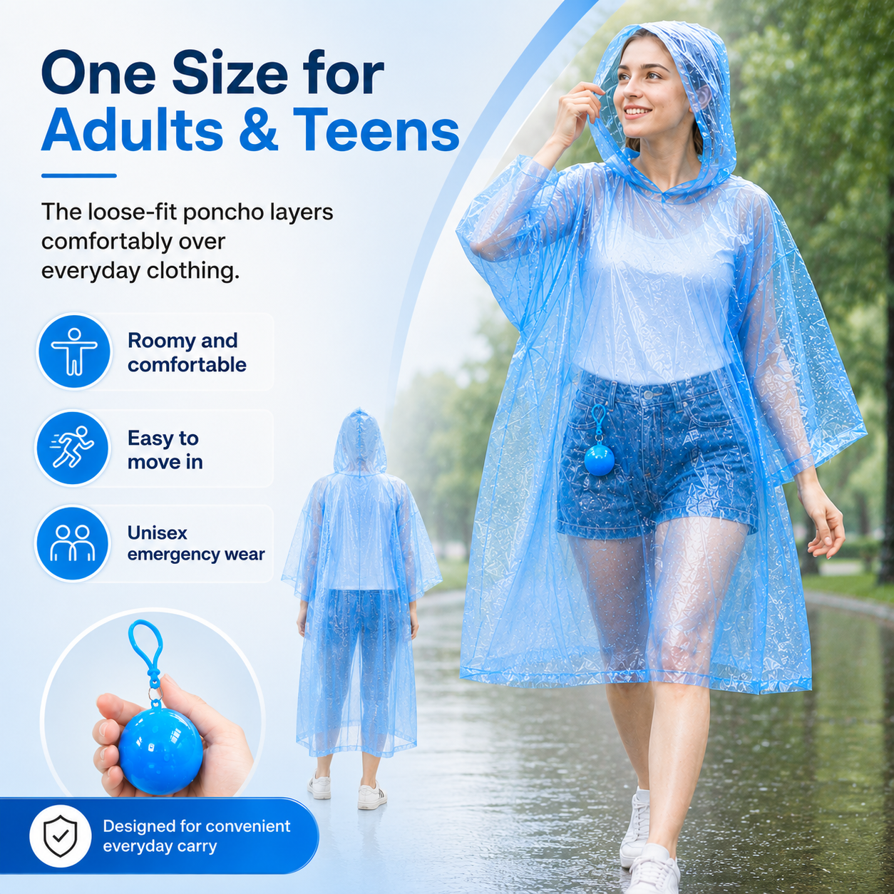 One size loose fit portable rain poncho
