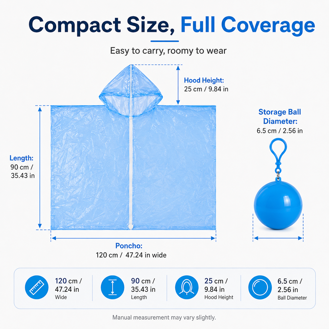 Portable rain poncho dimensions and storage ball size