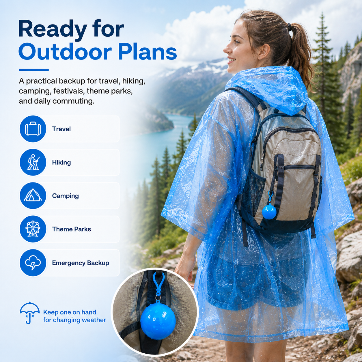 Portable rain poncho for travel hiking camping and outdoor activities