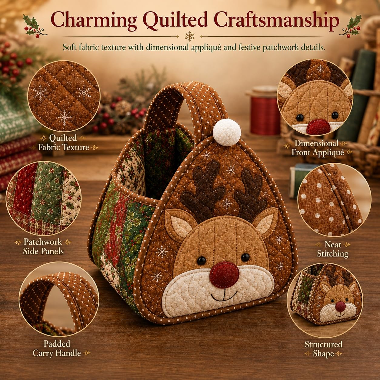 Christmas quilted basket styled on cozy holiday fireplace hearth