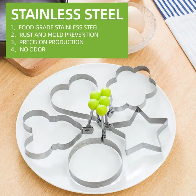Five stainless steel egg and pancake mold shapes