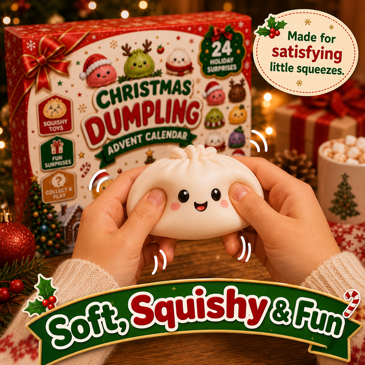 Hand squeezing a soft squishy dumpling toy for stress relief