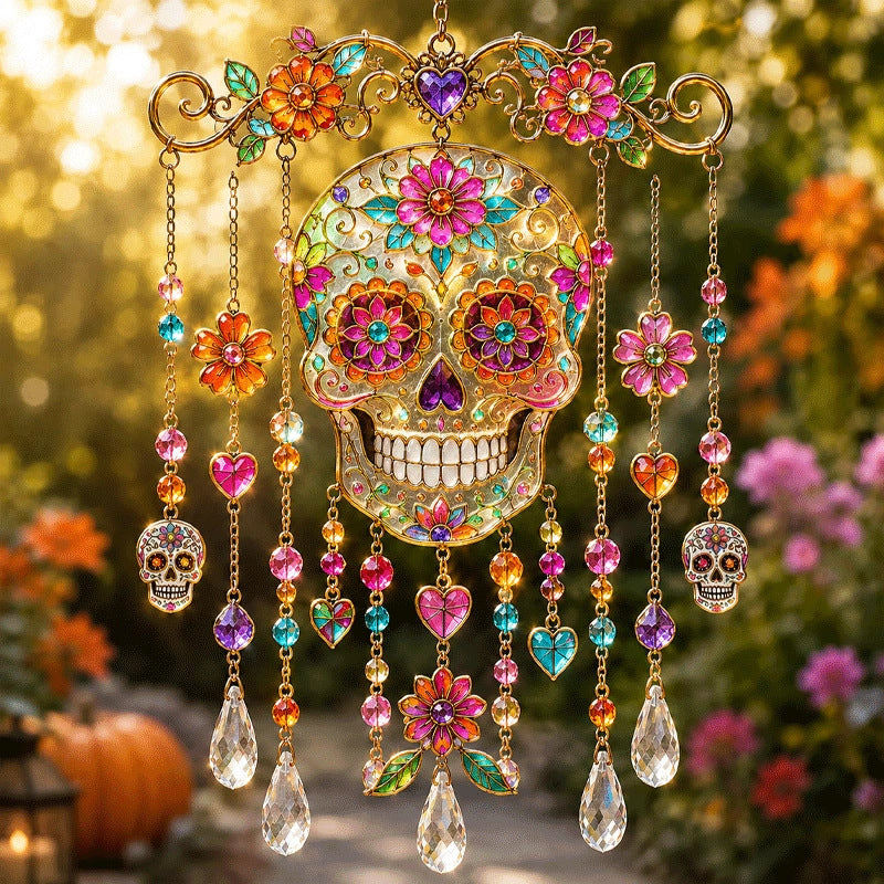 Sugar skull Halloween stained glass-style hanging ornament