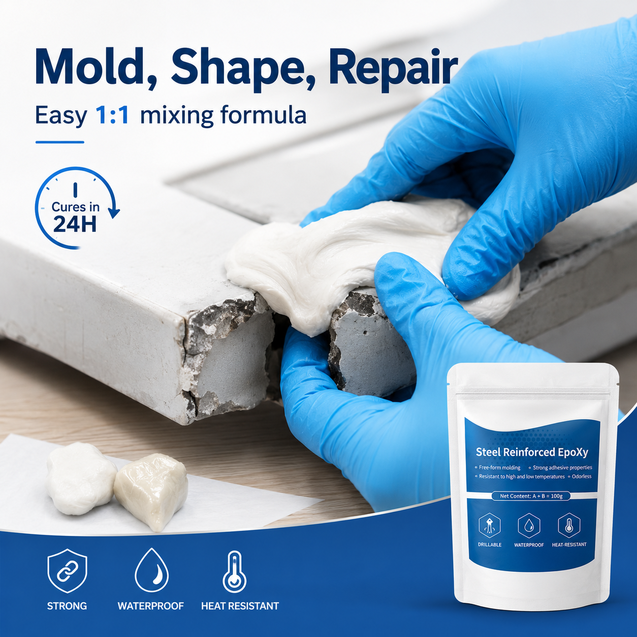 Two-part epoxy putty tube roll product design close up