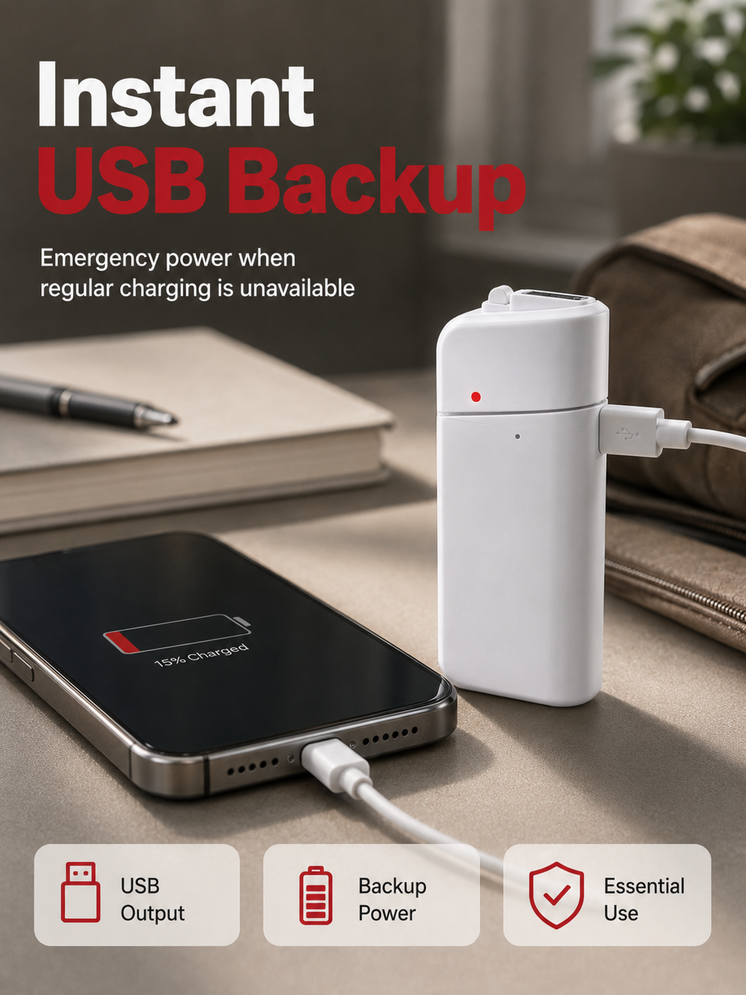 Emergency AA charger connecting via USB to mobile phone