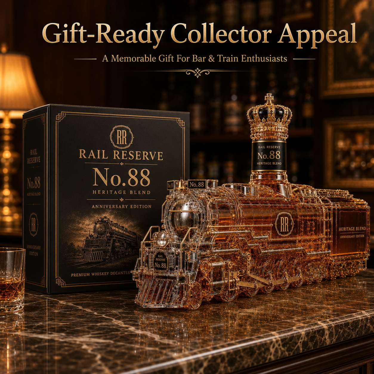Detailed locomotive-inspired decanter displayed in warm bar lighting